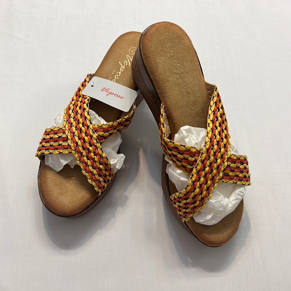 NWT Vepose Cork Platform Memory Foam Open Toe Cross-Band Wedge Sandals Size 7